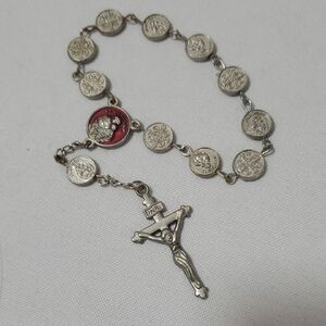Vintage Silver Rosary Bracelet with Red Accents